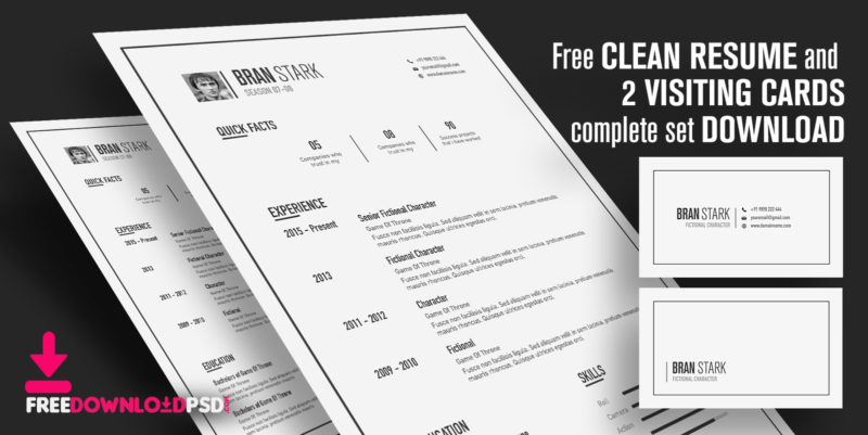 Free Clean Resume and 2 Visiting Cards complete set Download From freedownloadpsd.com